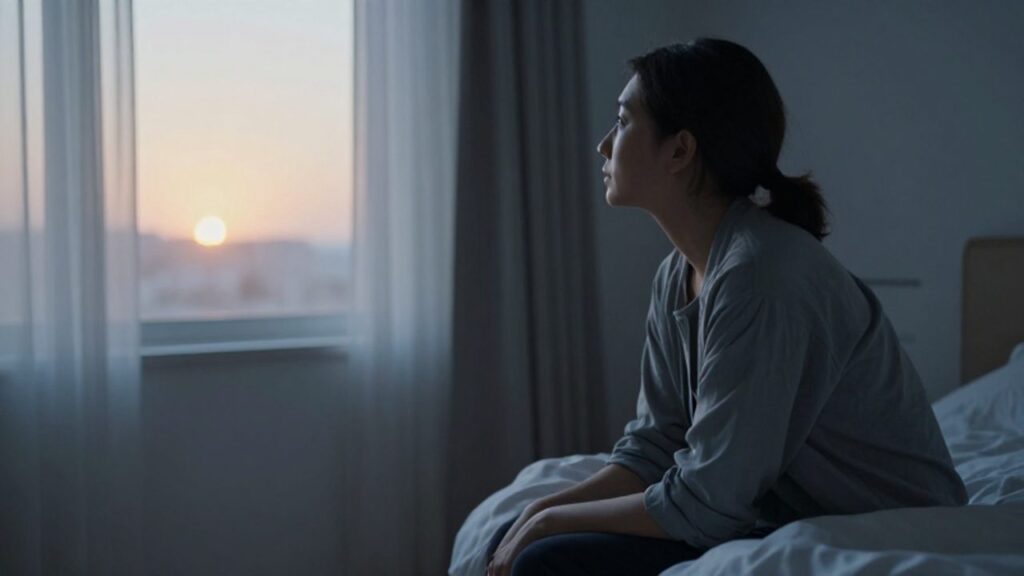 Persona sentada en el borde de una cama mirando al amanecer por la ventana en un ambiente de calma y reflexión.