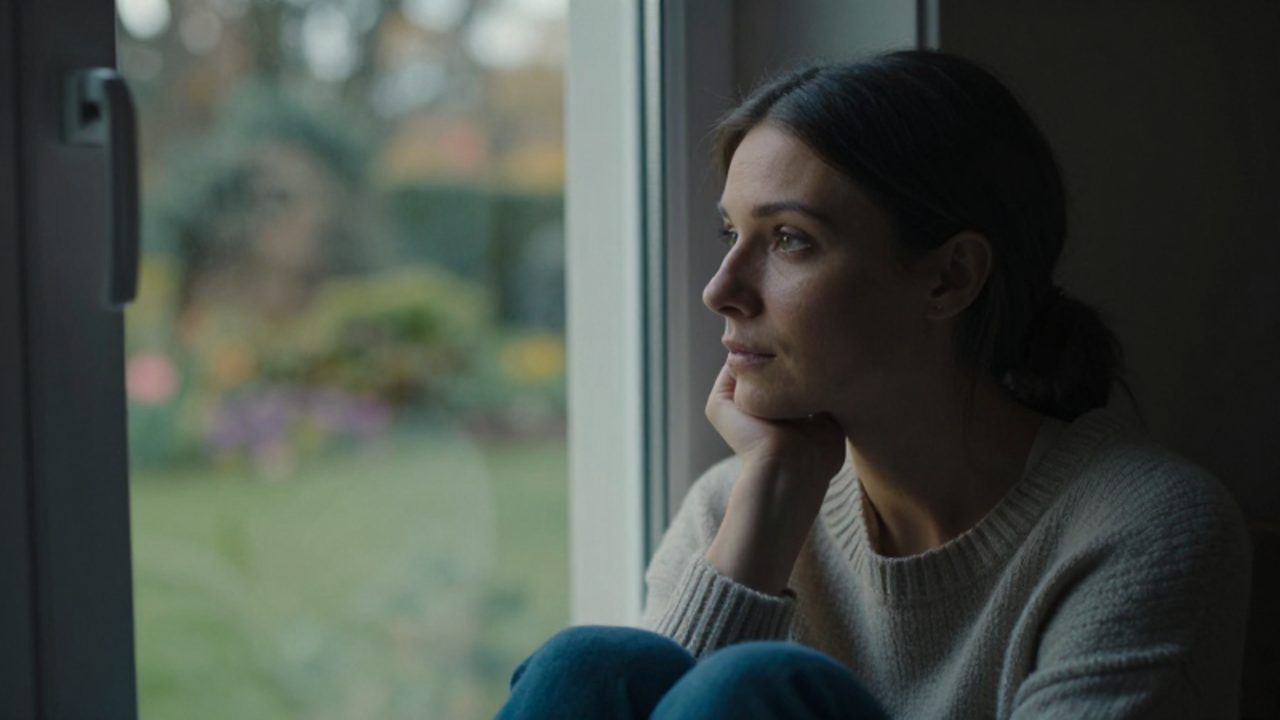 Mujer con expresión introspectiva sentada junto a una ventana, mirando hacia un jardín mientras reflexiona.