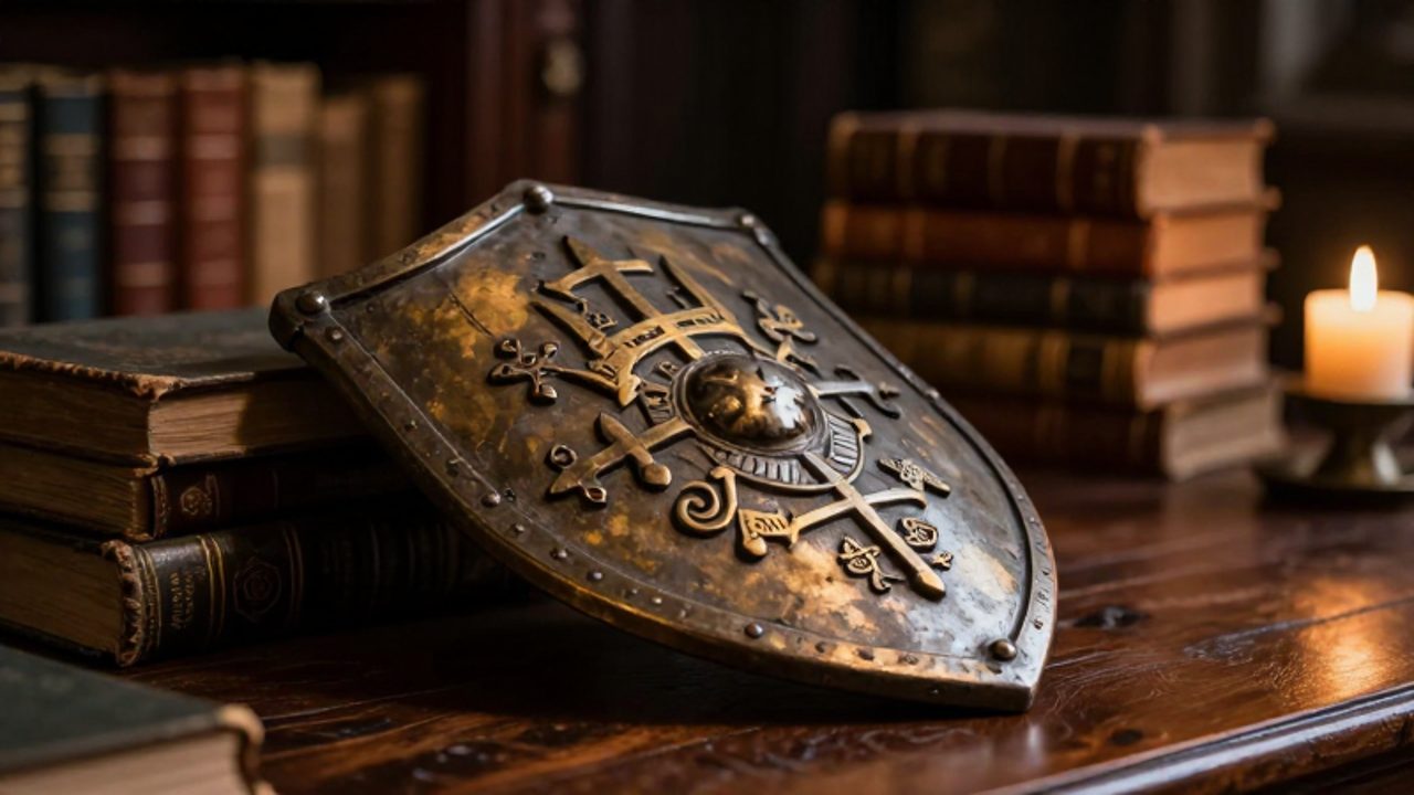 Escudo heráldico antiguo con relieves metálicos sobre una mesa de madera en una biblioteca histórica.