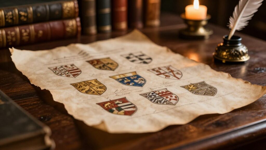Pergamino antiguo con ilustraciones de diversos escudos heráldicos sobre una mesa de madera junto a una pluma y un tintero.