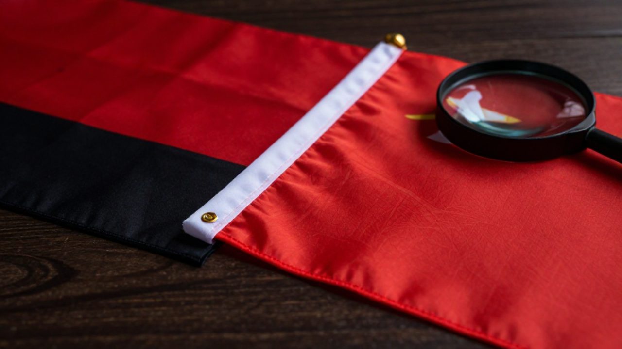 Dos banderas nacionales extendidas sobre una mesa de madera, comparadas mediante una lupa que resalta las diferencias de color y detalles en sus emblemas.