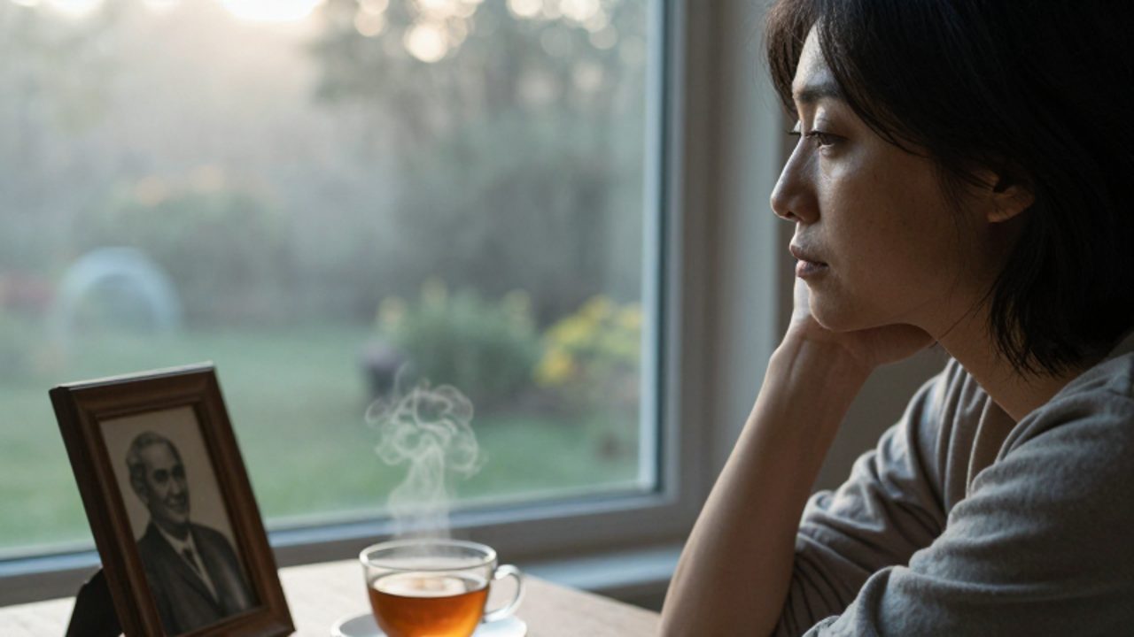 Persona sentada junto a una ventana al amanecer con expresión nostálgica, junto a una fotografía antigua y una taza de té.