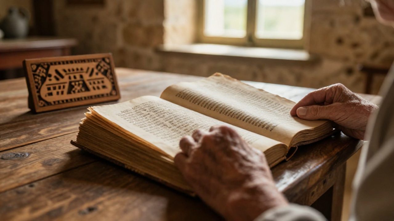 Manos de una persona mayor pasando las páginas de un antiguo manuscrito sobre una mesa de madera en una cabaña provenzal.