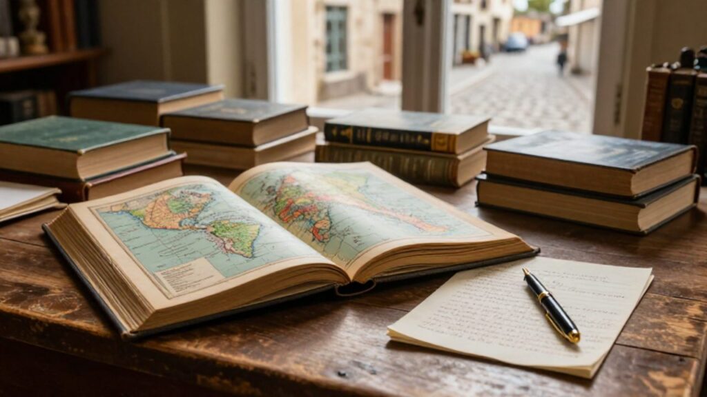 Un atlas antiguo y libros clásicos junto a una pluma y notas manuscritas sobre una mesa de madera en un estudio soleado.