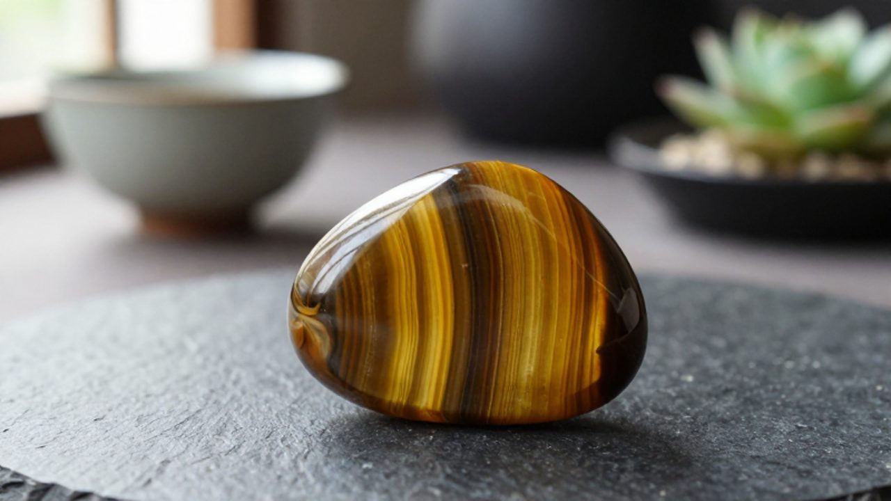Piedra de ojo de tigre pulida con reflejos dorados y ámbar sobre una superficie de piedra oscura en un entorno de meditación tranquilo.
