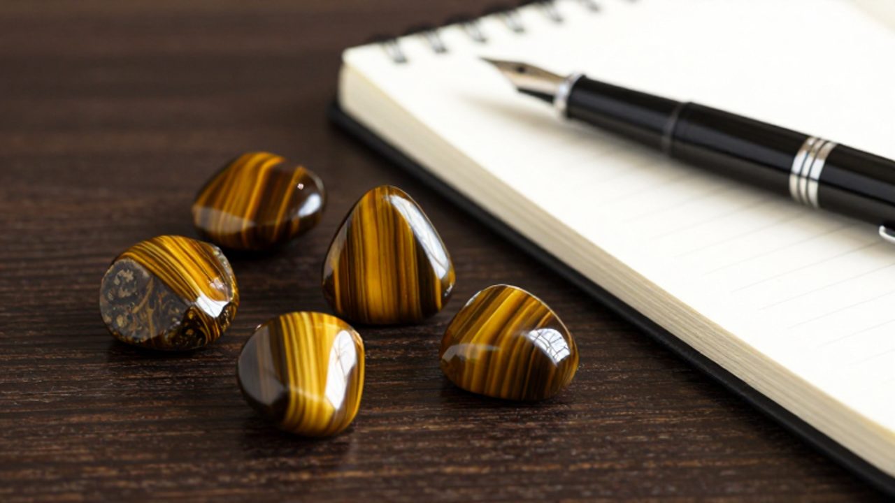 Varias piedras de ojo de tigre sobre una mesa de madera junto a un cuaderno y una pluma estilográfica, evocando productividad y éxito.