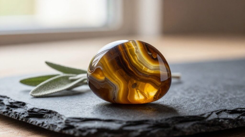 Piedra de ojo de tigre con vetas doradas y marrones sobre una superficie de pizarra junto a una rama de salvia seca.