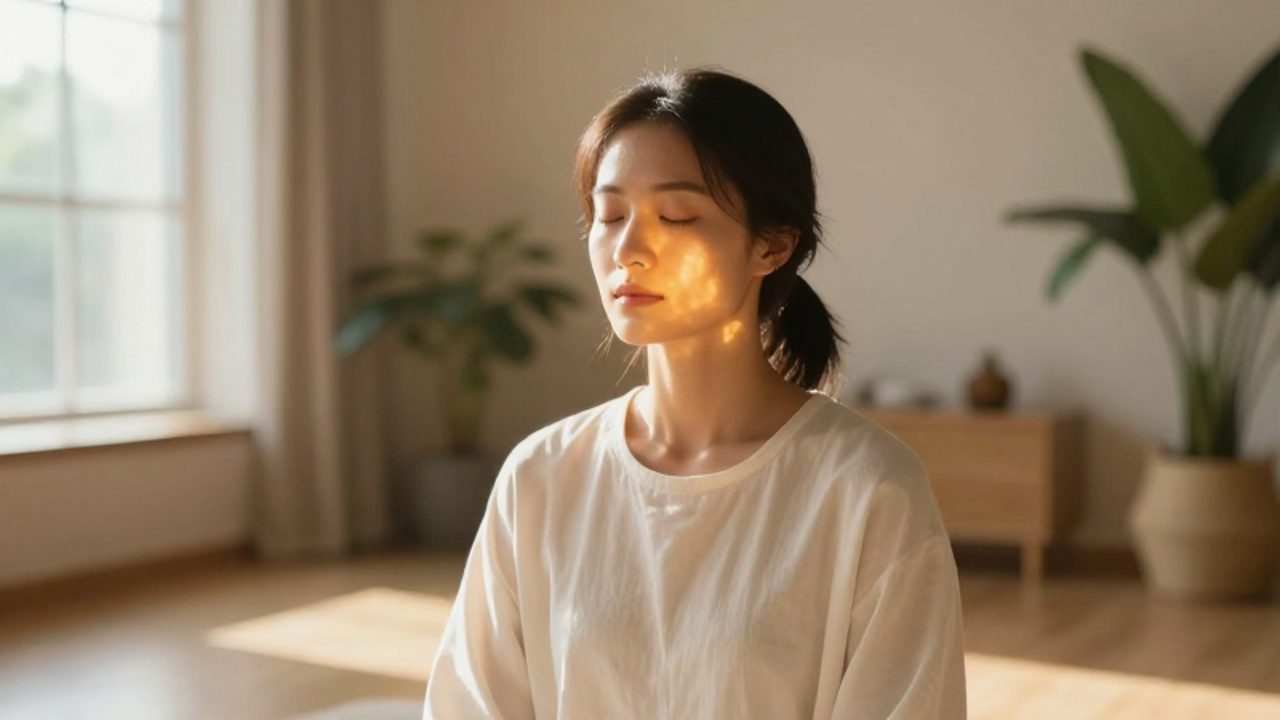 Persona con ojos cerrados meditando en una habitación iluminada por una luz dorada que transmite una sensación de paz y protección espiritual.