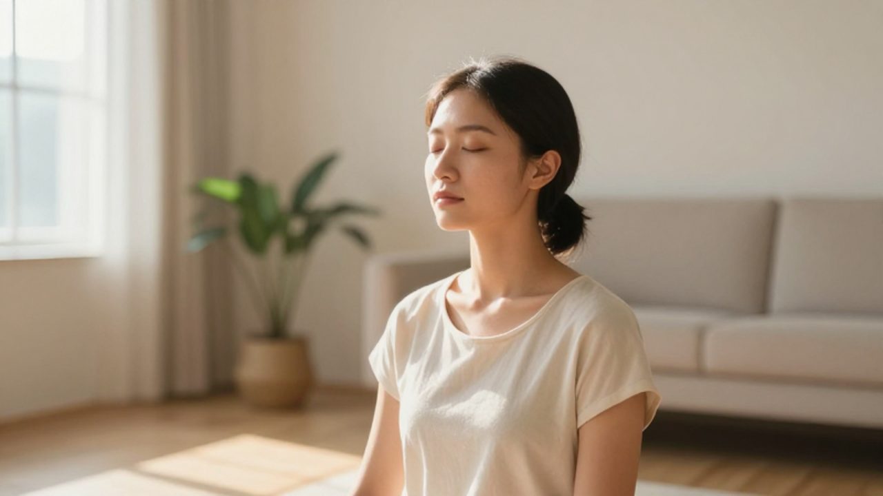 Persona meditando con expresión tranquila en una habitación iluminada por una luz cálida y suave que sugiere una presencia espiritual.