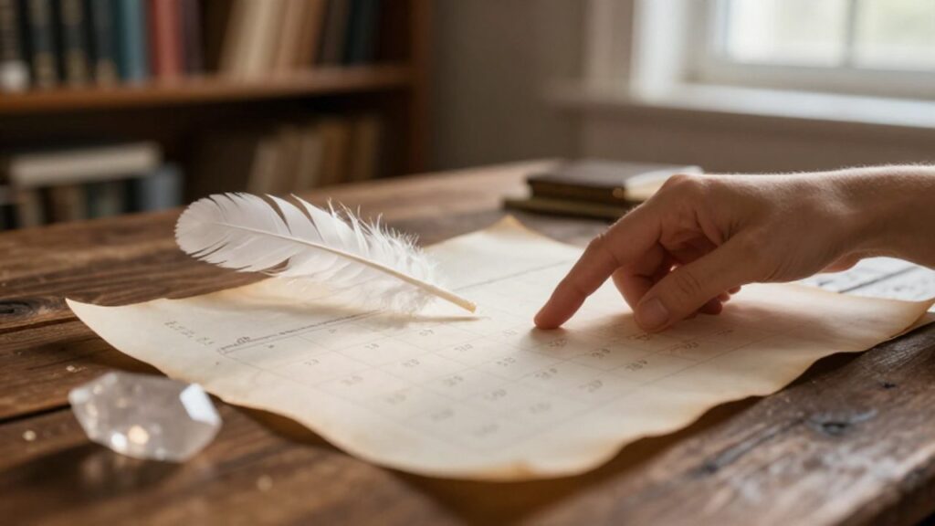 Manos señalando una fecha en un calendario de pergamino sobre una mesa de madera, junto a una pluma blanca y un cristal.