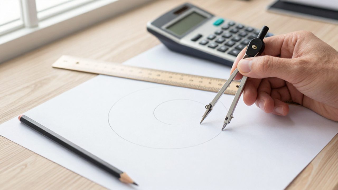 Una mano utiliza un compás de plata y una regla de madera para trazar un círculo sobre un papel de matemáticas junto a una calculadora científica.