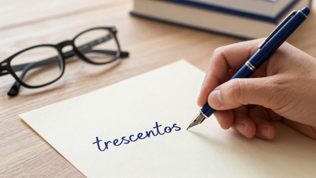 Una mano escribe la palabra "trescientos" con pluma sobre un papel de color crema en un escritorio con libros y gafas.