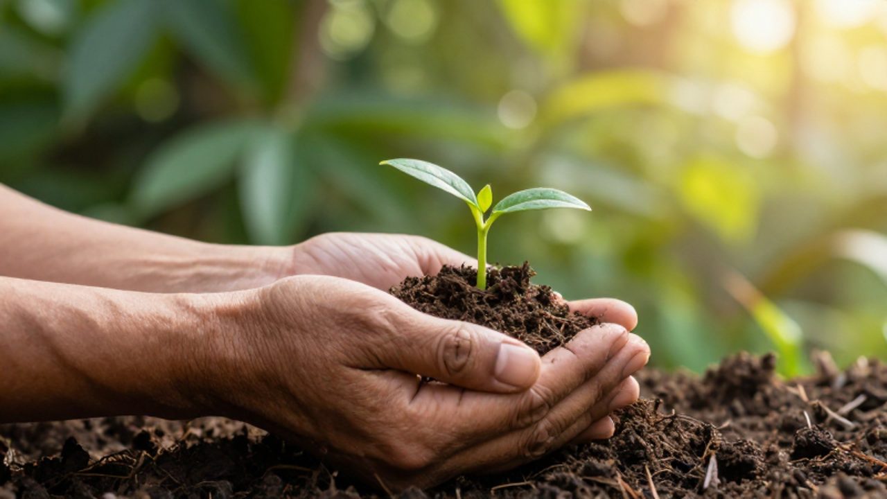 Unas manos curtidas sostienen con delicadeza un pequeño brote verde que emerge de la tierra, simbolizando el respeto por la vida.