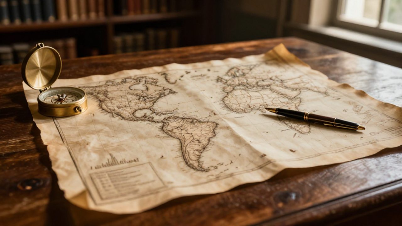 Mapa antiguo sobre una mesa de madera que muestra las rutas migratorias desde la península ibérica hacia América.