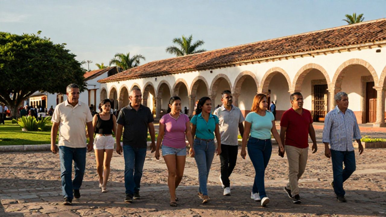 Grupo de personas de diversas edades caminando por una plaza con arquitectura colonial bajo la luz cálida del atardecer.