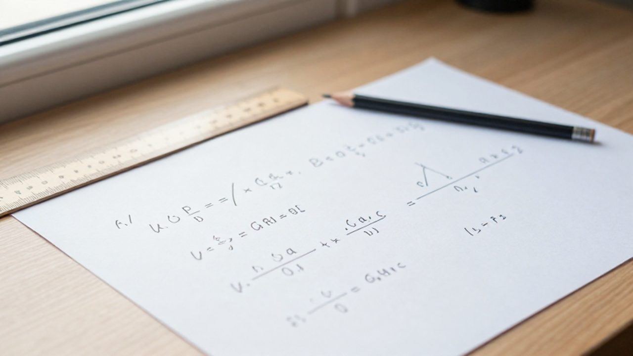 Papel con ecuaciones matemáticas de descomposición en factores primos y exponentes sobre un escritorio de madera.