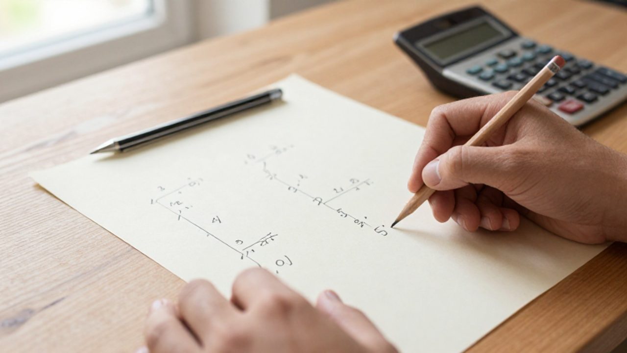 Manos escribiendo la descomposición de un número en factores primos sobre un cuaderno de papel.
