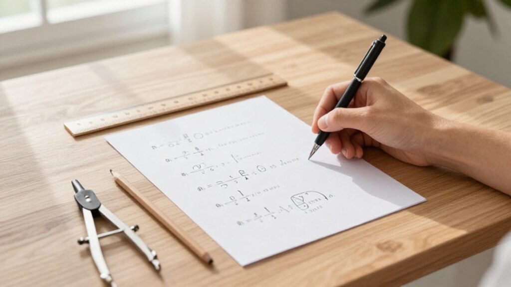 Papel con operaciones de descomposición en factores primos y secuencias matemáticas sobre un escritorio de madera con útiles de geometría.