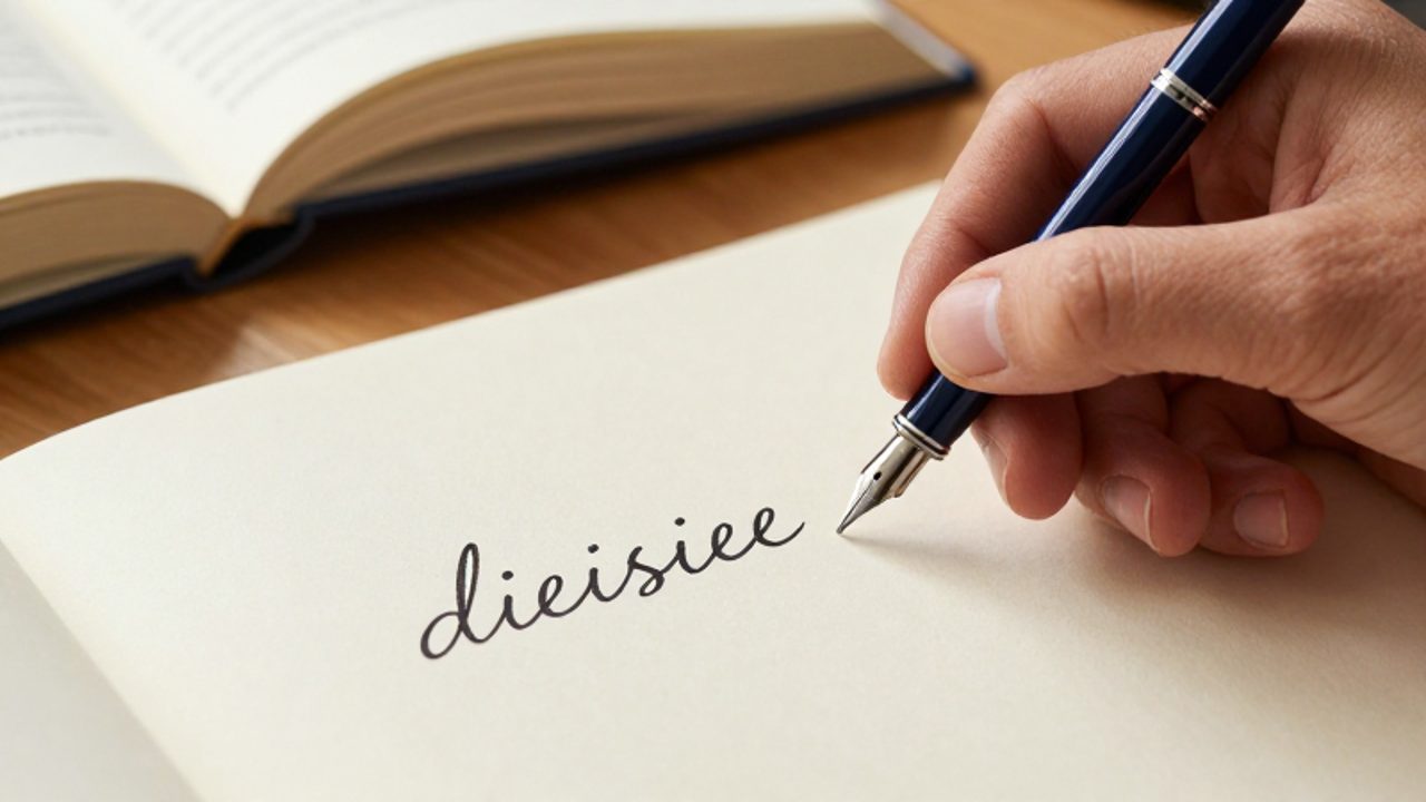 Una mano escribe la palabra diecisiete en una sola palabra sobre un papel de color crema.