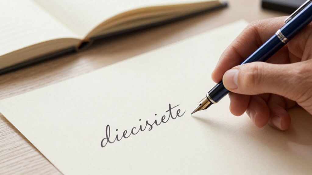 Una mano escribe con una pluma estilográfica la palabra diecisiete en un papel de tono crema.