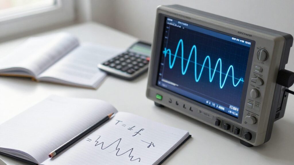 Osciloscopio digital mostrando una onda senoidal junto a un cuaderno con la fórmula del periodo y un diagrama de onda dibujado a mano.