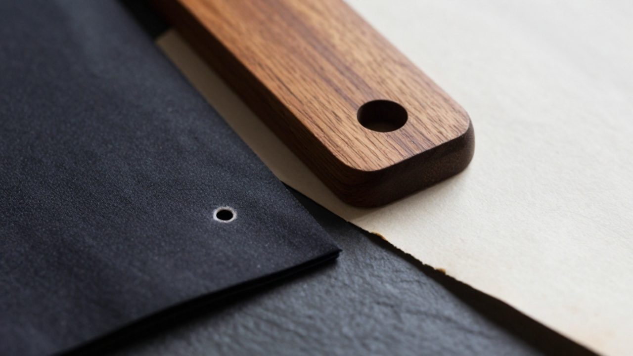 Colección de diferentes tipos de perforaciones sobre tela oscura, madera pulida y papel envejecido para mostrar diversas texturas de agujeros.