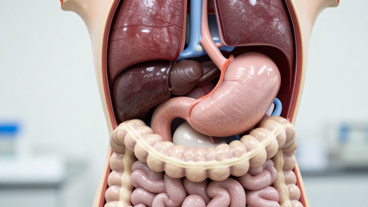 Modelo anatómico del torso humano que muestra la interconexión de órganos como el esófago, el estómago y los intestinos para representar el aparato digestivo.