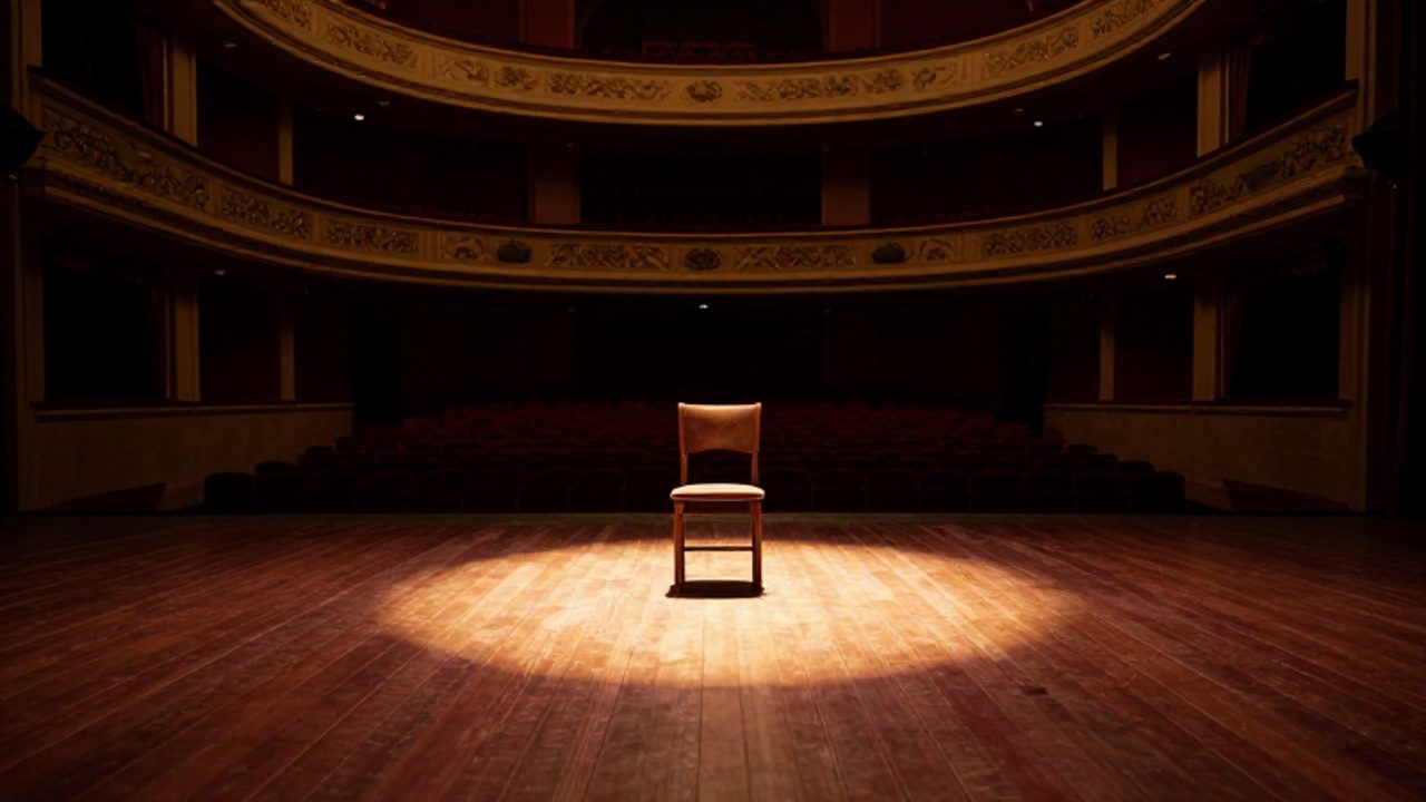 Escenario vacío de un teatro clásico con una silla de madera iluminada por un foco central entre cortinas de terciopelo.