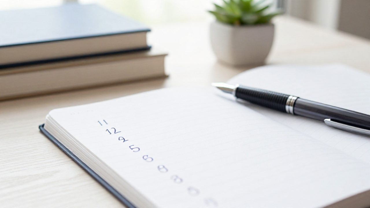 Números del trece al diecinueve escritos a mano en un cuaderno sobre un escritorio de estudio.