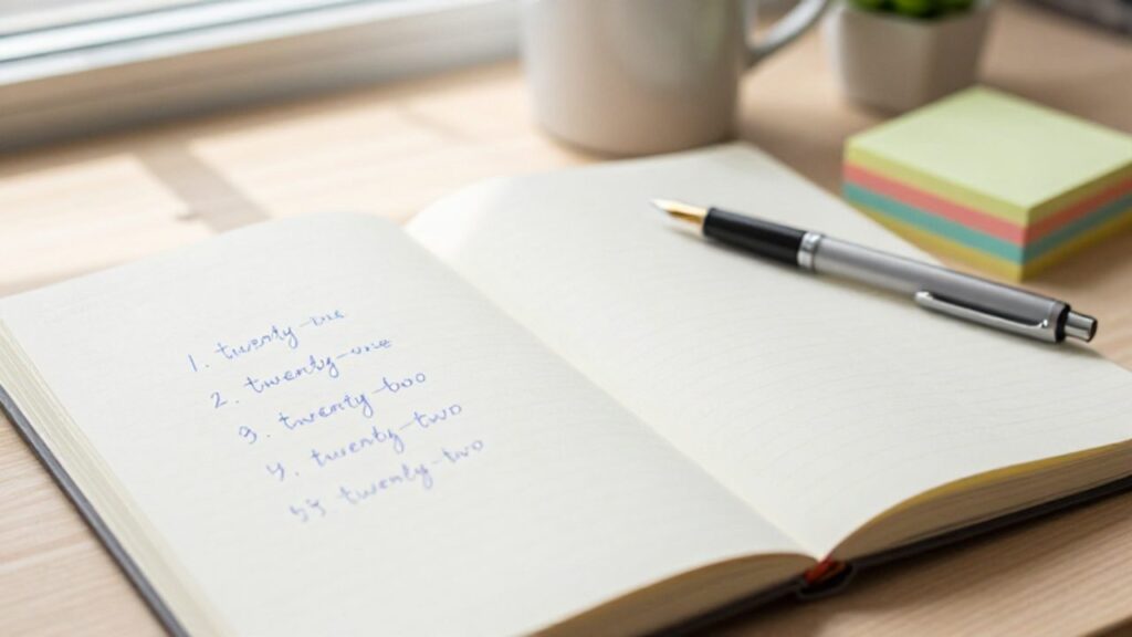Lista de números escritos en inglés de uno al treinta en un cuaderno sobre un escritorio de estudio.