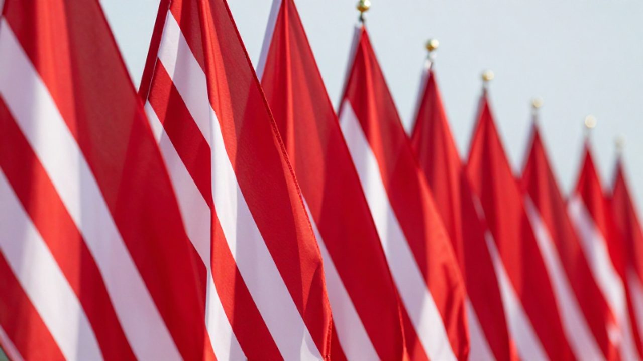 Serie de banderas nacionales con franjas rojas y blancas dispuestas de forma ordenada bajo la luz del día.