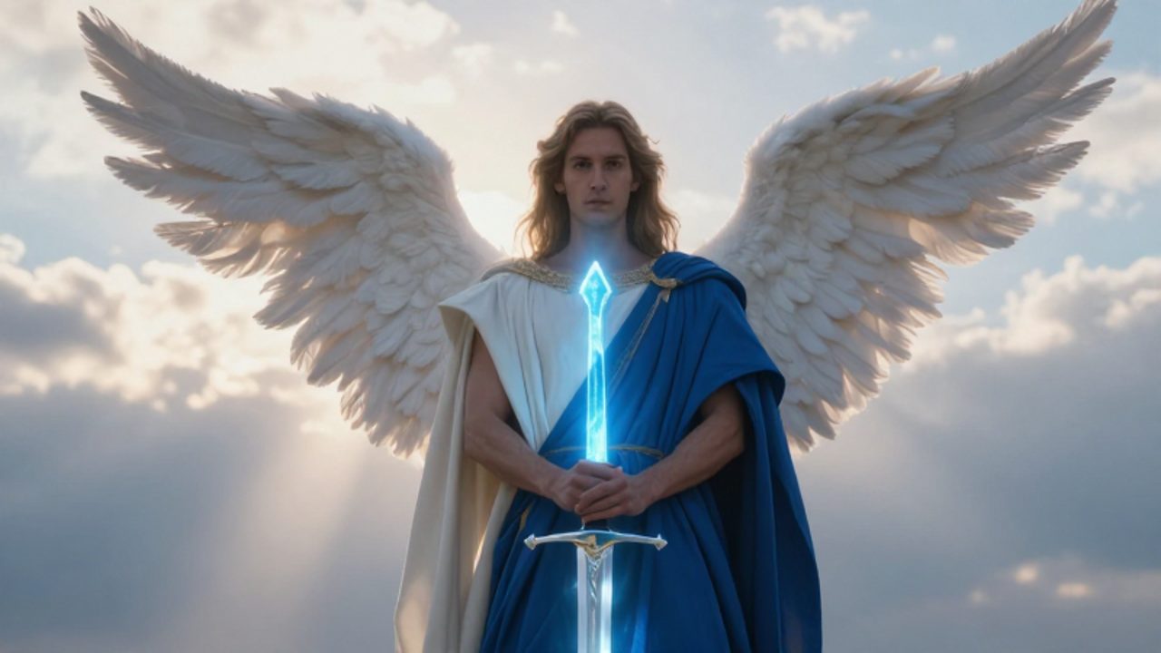 El arcángel Miguel con túnicas blancas y azules sostiene una espada de luz brillante en un entorno celestial de nubes y rayos de luz.