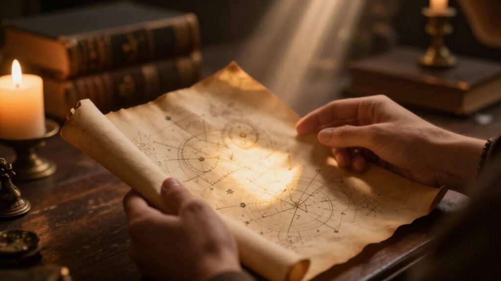 Manos sosteniendo un pergamino antiguo con mapas celestiales bajo un haz de luz divina en un estudio místico.