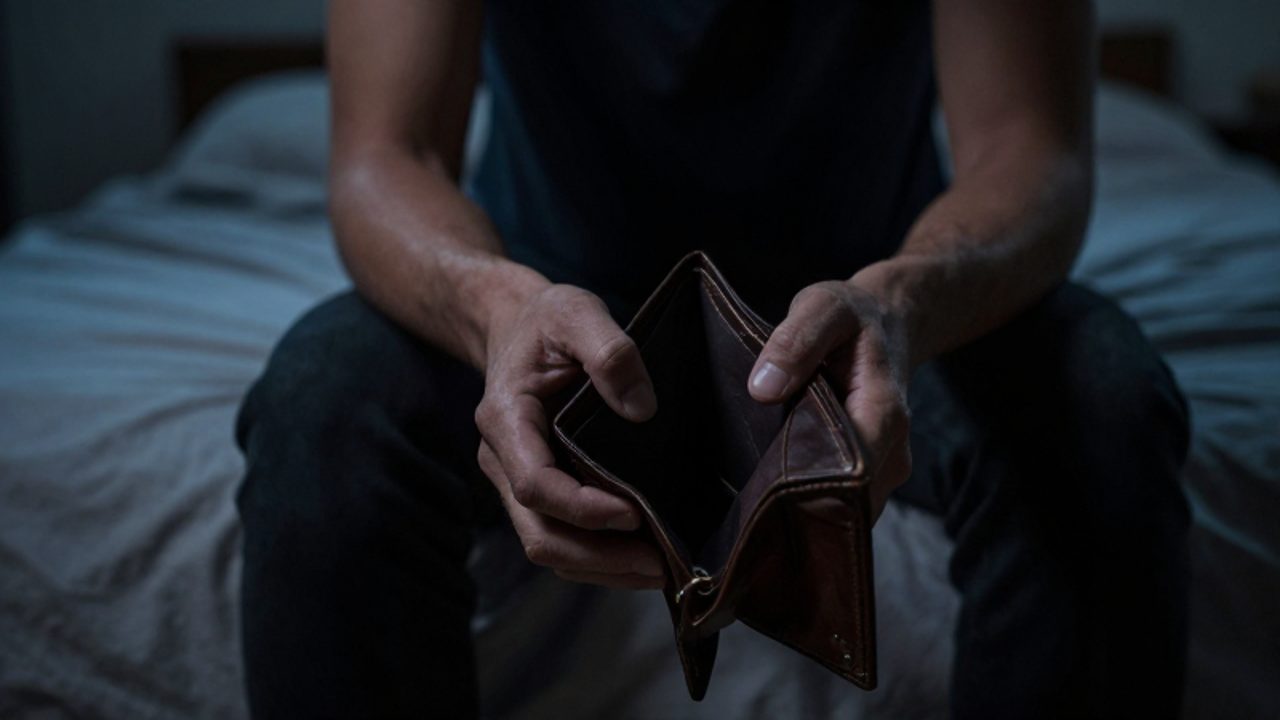 Manos temblorosas sostienen una billetera de cuero vacía sobre una cama en una habitación en penumbra, transmitiendo una sensación de pérdida y vulnerabilidad.