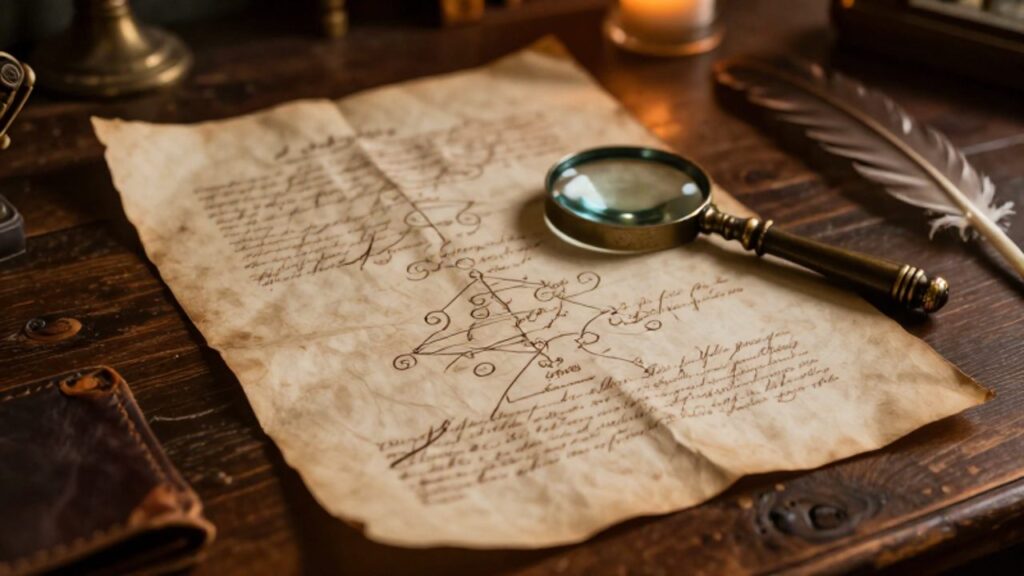Pergamino antiguo con caligrafía y diagramas genealógicos sobre un escritorio de madera junto a una lupa y una pluma.