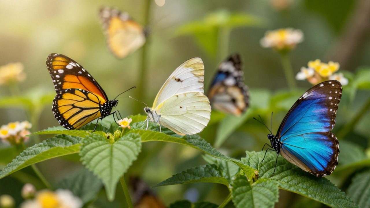 Variedad de mariposas de colores amarillo, blanco y azul posadas sobre hojas verdes en un jardín soleado.