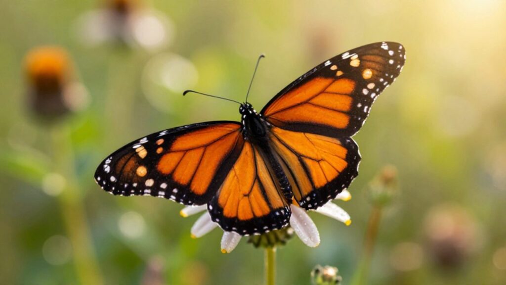 Mariposa monarca de color naranja y negro posada sobre una flor con gotas de rocío en un jardín iluminado por el sol.