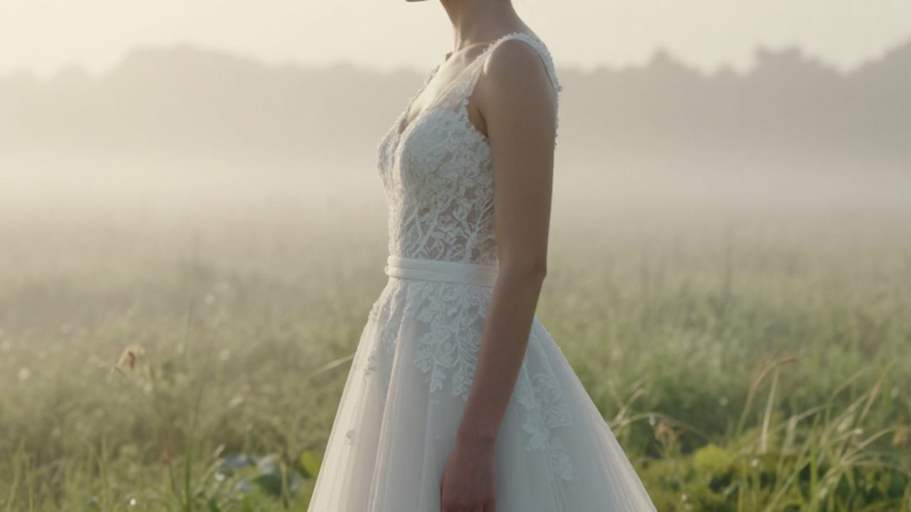 Mujer de perfil con un vestido de novia blanco elegante en un prado con neblina al amanecer.