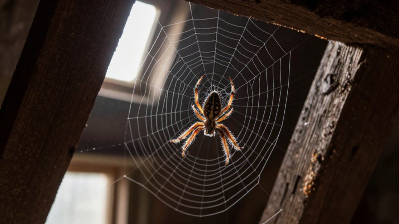 Araña tejiendo una telaraña detallada entre vigas de madera en un desván oscuro.
