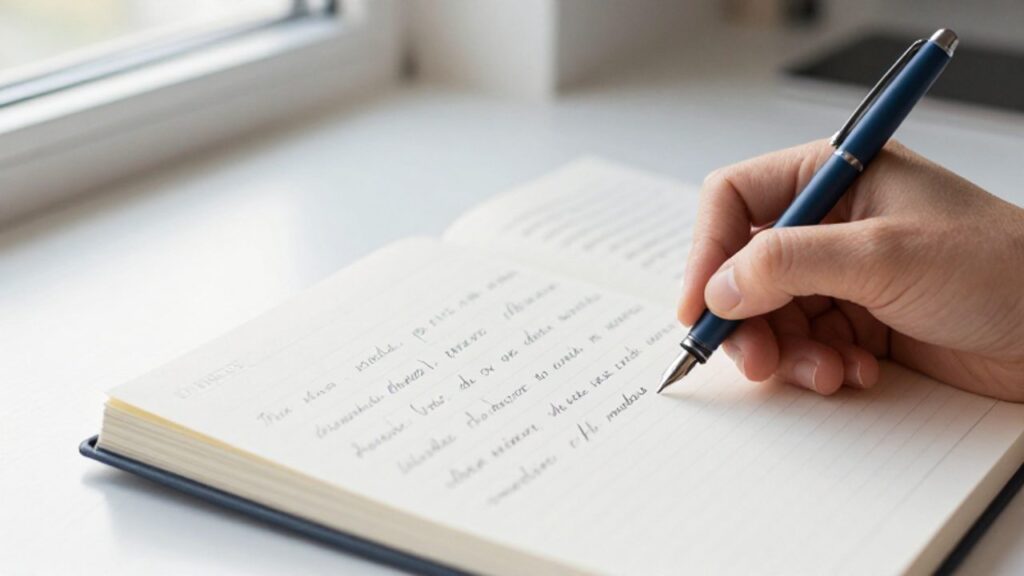 Una mano escribe con una pluma estilográfica palabras en un cuaderno abierto sobre un escritorio luminoso.