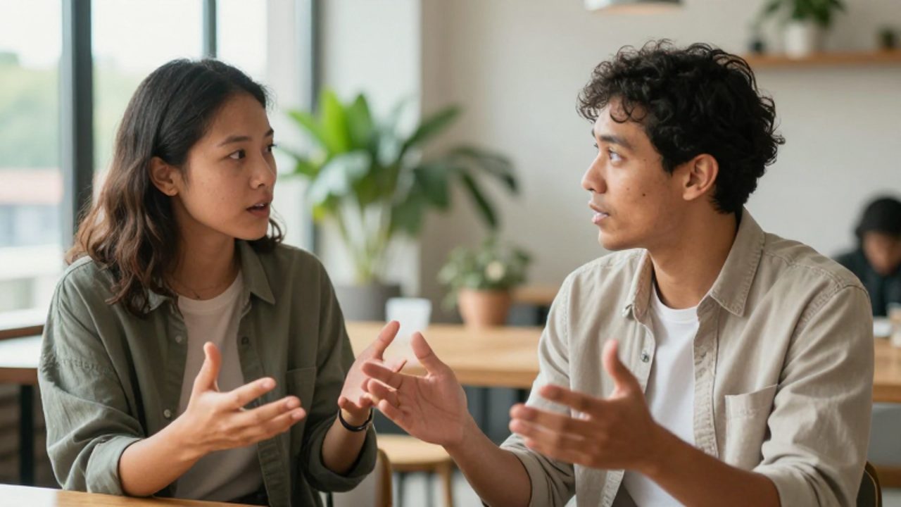 Dos personas mantienen una conversación animada en una oficina luminosa, una de ellas gesticula con las manos mientras la otra escucha con atención.