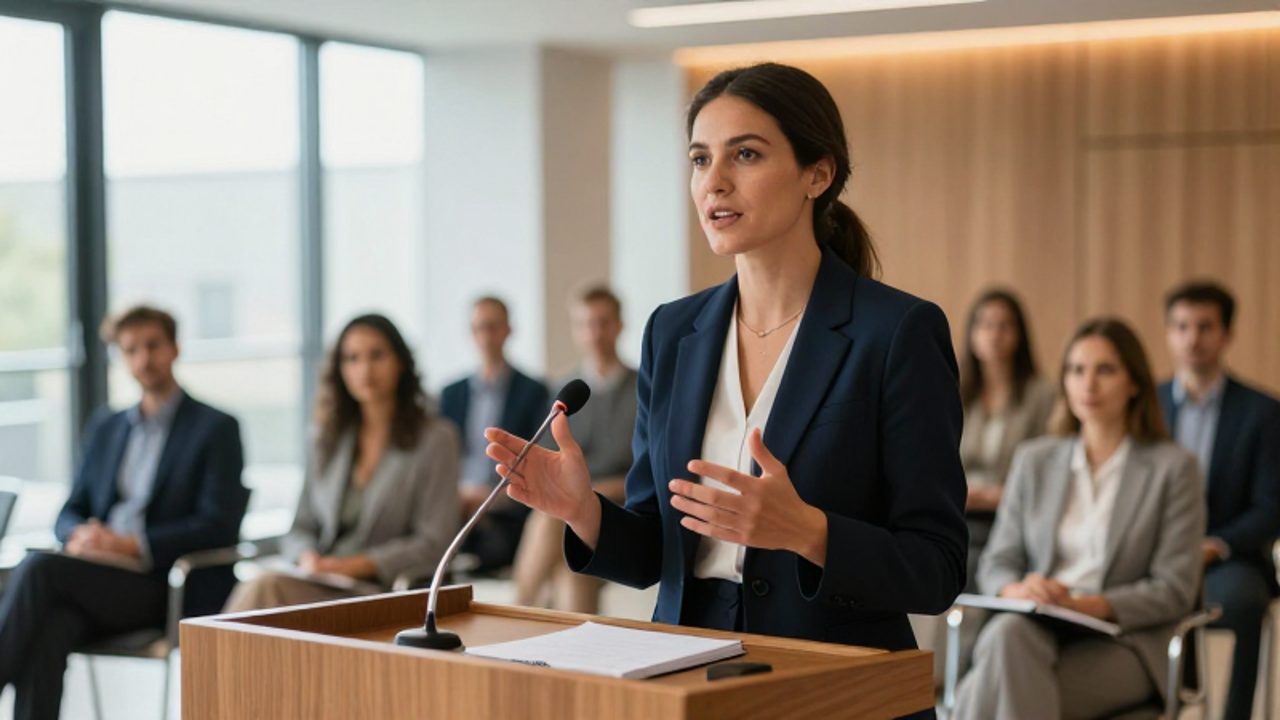 Una mujer con actitud profesional ofrece una conferencia desde un podio ante un auditorio en un salón de seminarios moderno.