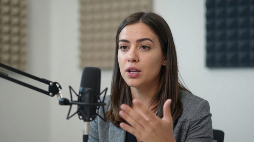 Mujer profesional gesticula con expresividad mientras realiza una presentación oral frente a un micrófono en un estudio moderno.