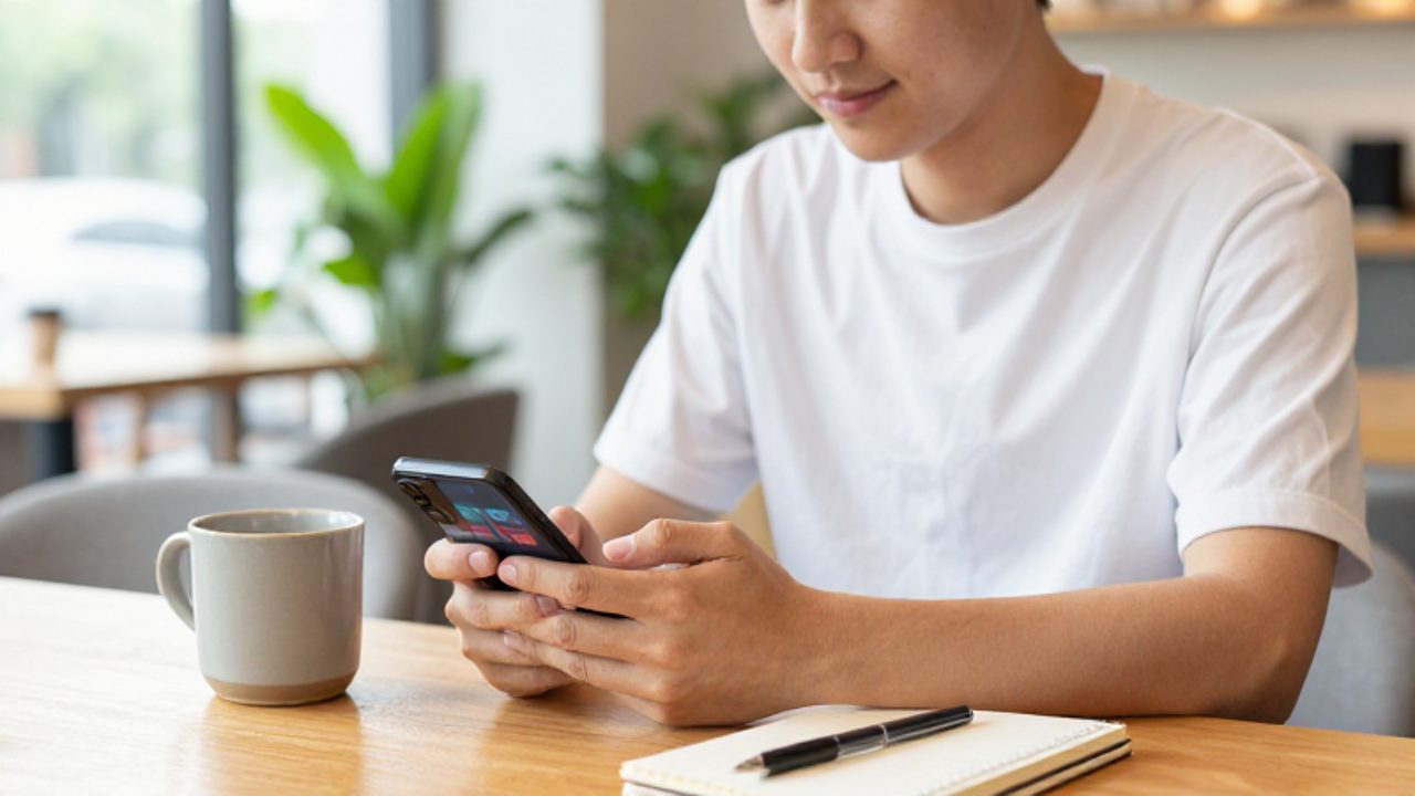 Persona joven sonriente en una cafetería moderna utilizando una aplicación de aprendizaje de idiomas en su smartphone junto a un café y un cuaderno.