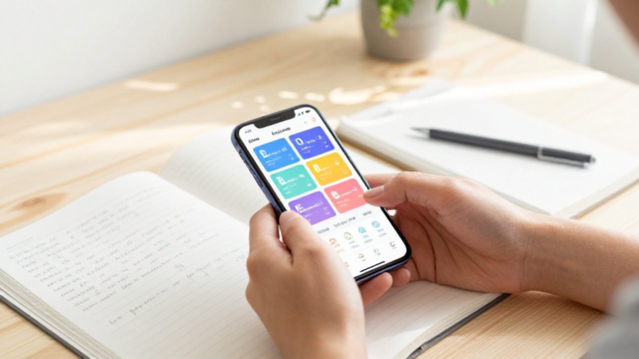 Manos usando una aplicación de aprendizaje de idiomas en un smartphone sobre un escritorio de madera junto a un cuaderno con notas de inglés.