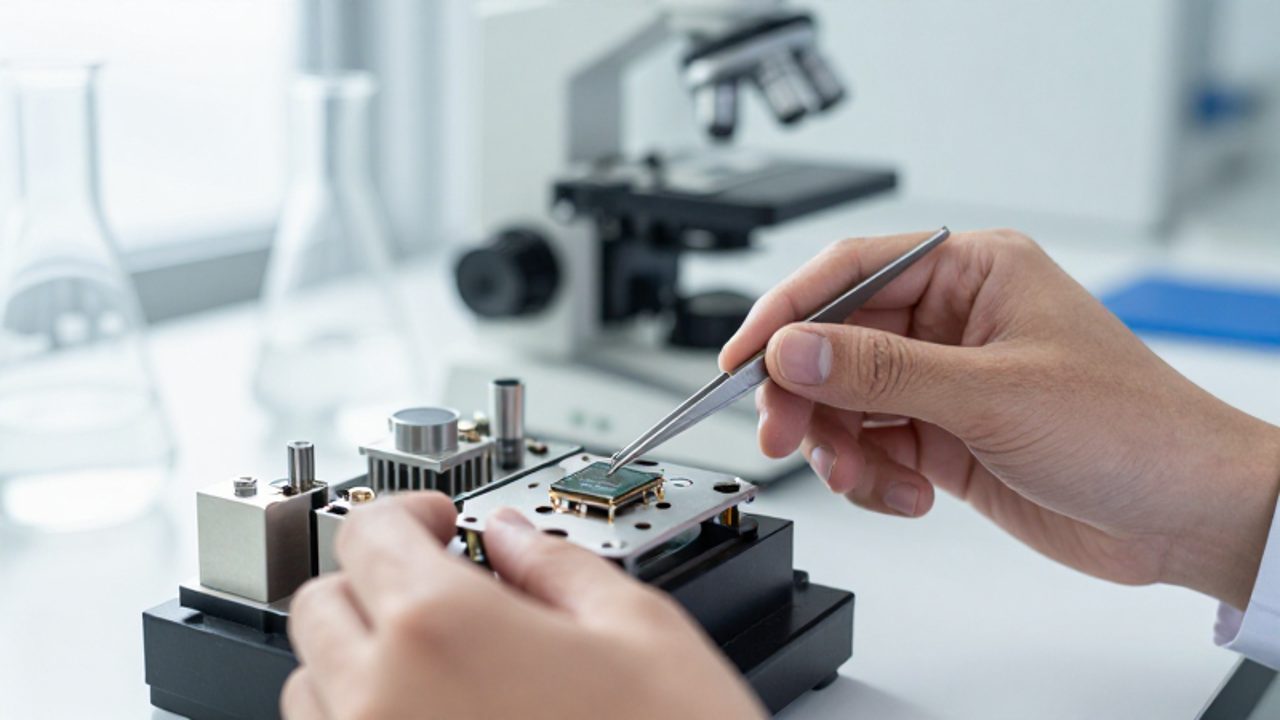 Un ingeniero manipula un microchip con pinzas de precisión en un laboratorio con equipos científicos al fondo.