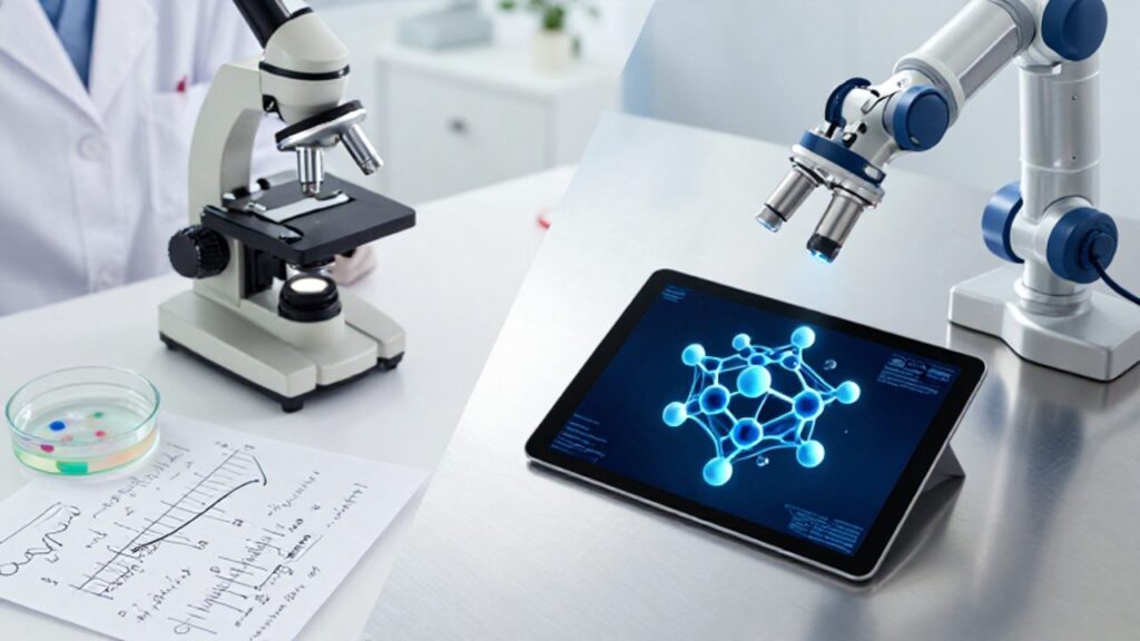 Composición dividida que muestra un microscopio y notas científicas junto a una tableta digital con un modelo molecular y un componente robótico.