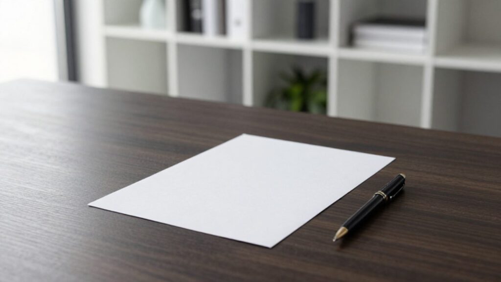 Escritorio de oficina minimalista con una hoja de papel en blanco y una pluma estilográfica, sugiriendo un puesto de trabajo disponible.