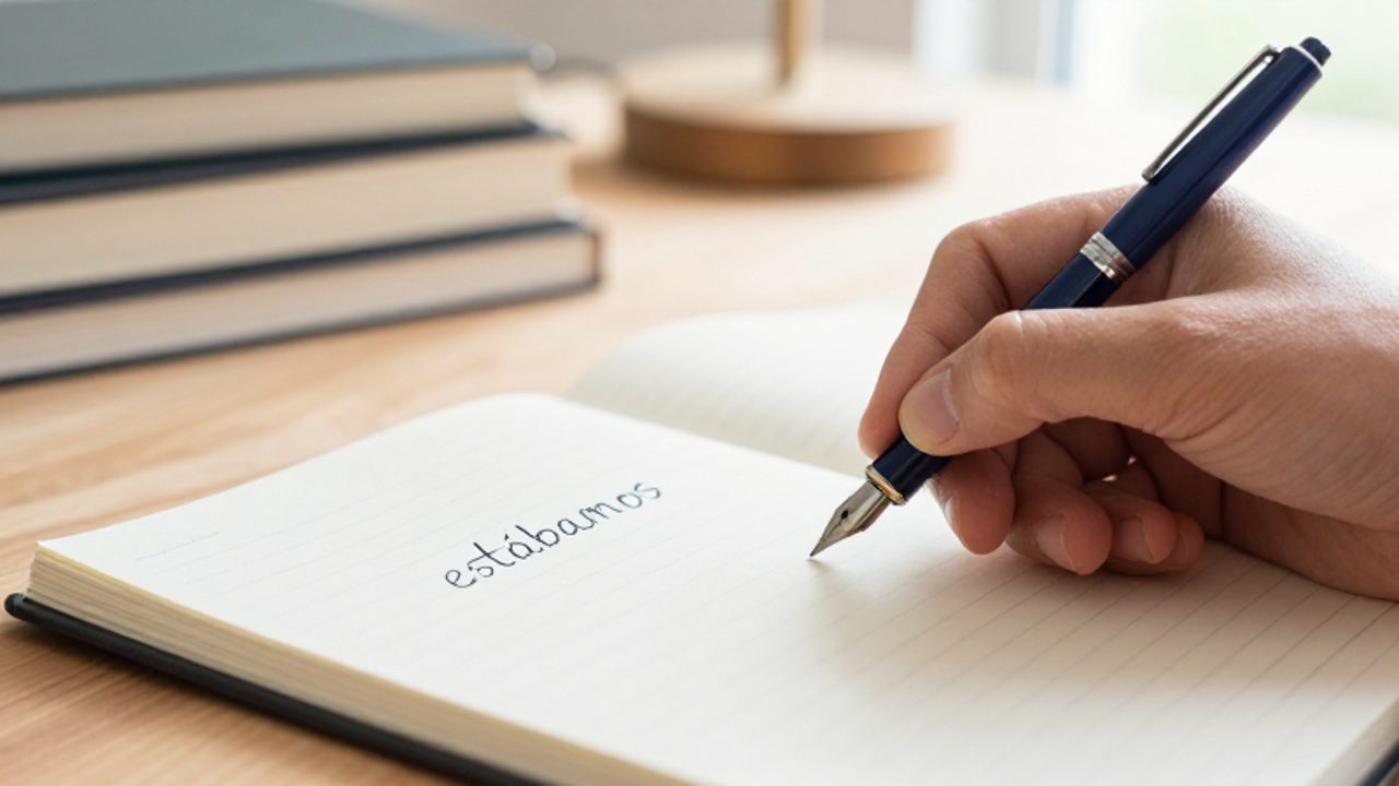 Manos escribiendo la palabra "estábamos" con una pluma estilográfica en un cuaderno sobre un escritorio de estudio.