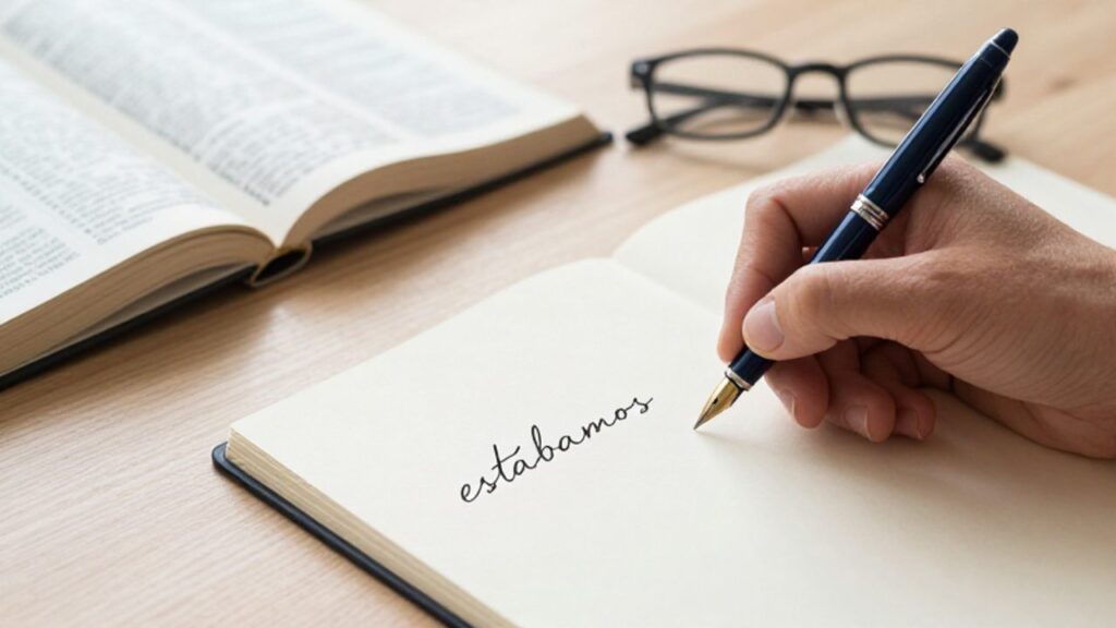 Primer plano de una mano escribiendo la palabra "estábamos" con pluma estilográfica sobre un papel texturizado en un escritorio de estudio.